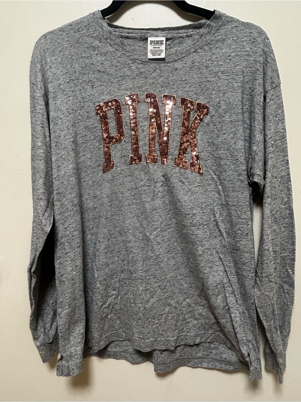 PINK Victoria's Secret Gray Long-Sleeve Top with Rose Gold Sequin Logo